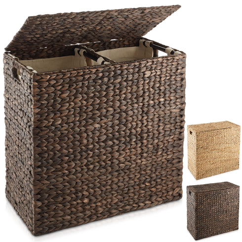 2-Section Laundry Hamper Basket with Lid and Removable Liner Bags